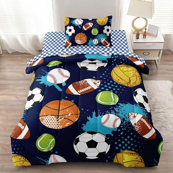 Kids Boys Comforter Set Twin Bed in a Bag w/Sheet Sets, Blue Twin Bedding Sets for Teens Soccer Basketball Baseball Football Sports Themed Bedroom Decor Reversible Design - LeafyLoom