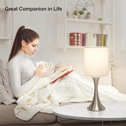 Touch Control Table Lamp, 3-Way Dimmable Bedside Lamp for Living Room, Modern Nightstand Lamp for Bedroom, Silver Table Lamp with White Shade, Desk Lamp for Dorm, Home, Office, 3000K LED Bulb Included - LeafyLoom