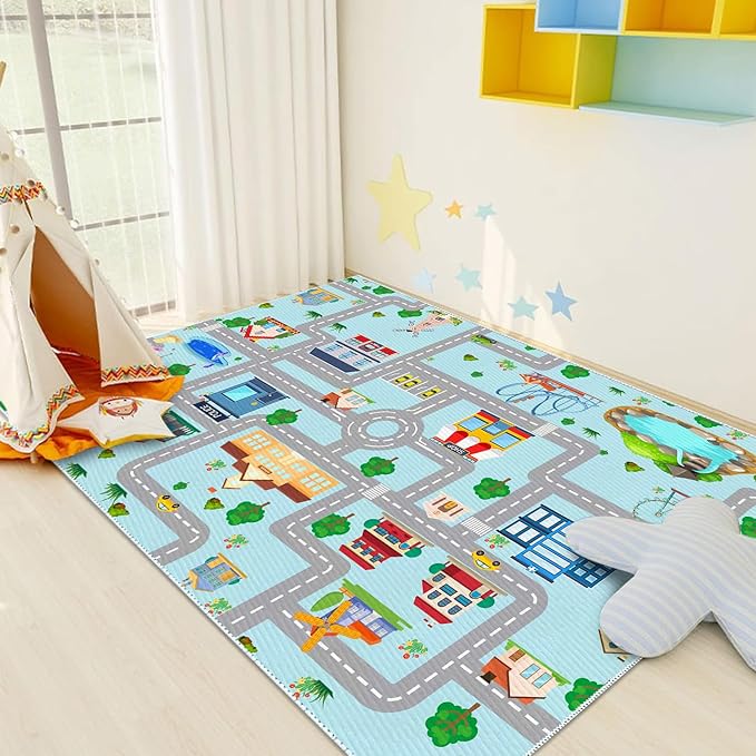 Kids Car Rug, 5x7 City Life Traffic Road Playmat for Toy Cars Trains, Non-Slip Race Track Carpet Educational Fun Area Rugs for Boy and Girl Bedroom Nursery - LeafyLoom