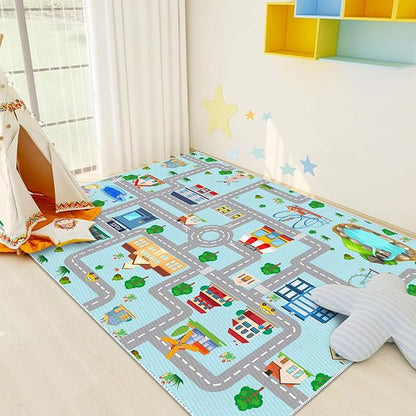 Kids Car Rug, 5x7 City Life Traffic Road Playmat for Toy Cars Trains, Non-Slip Race Track Carpet Educational Fun Area Rugs for Boy and Girl Bedroom Nursery - LeafyLoom