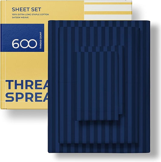 THREAD SPREAD Striped Egyptian Cotton Sheets Twin XL Size - 600 Thread Count 3 PC Damask Twin XL Sheets Deep Pockets, Sateen Weave College Dorm Bedding Twin XL, Fits Mattress upto 18" - Navy Blue - LeafyLoom