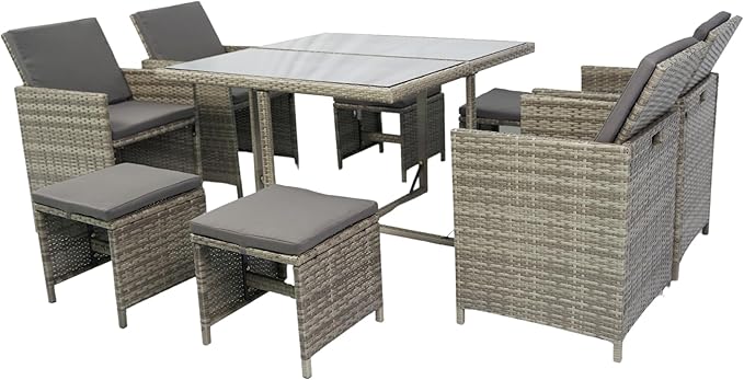 9 Pieces Patio Dining Outdoor Furniture, Space Saving Rattan Chairs with Glass Table, Cushioned Seating and Back Sectional Conversation Set, Zm-Grey - LeafyLoom