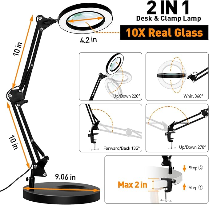 Magnifying Glass with Light and Stand, 10X Real Glass LED Magnifying Lamp, 3 Color Modes 10 Level Dimmable Lighted Magnifying Glass, 2-in-1 Magnifier Desk Lamp & Clamp for Reading Crafts Repair - LeafyLoom