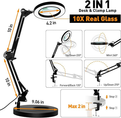 Magnifying Glass with Light and Stand, 10X Real Glass LED Magnifying Lamp, 3 Color Modes 10 Level Dimmable Lighted Magnifying Glass, 2-in-1 Magnifier Desk Lamp & Clamp for Reading Crafts Repair - LeafyLoom