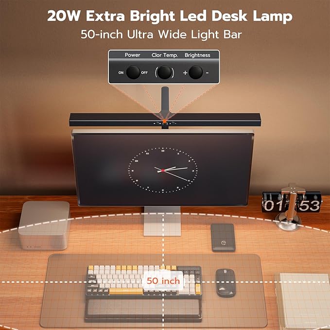 LED Desk Lamp, Architect Clamp Desk Lamps for Home Office, 20W Workbench Office Lighting with 3 Color Modes, and Stepless Dimming 23inch Wide Modern Desk Lamp for Reading - LeafyLoom