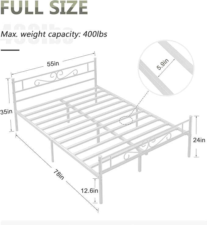 VECELO Full Size Bed Frame with Headboard, 14 Inch Metal Platform Mattress Foundation, No Boxing Spring Needed, Squeak Resistant, Easy Assembly, White - LeafyLoom