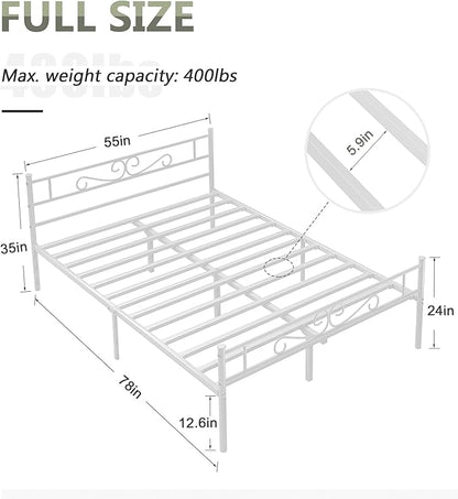 VECELO Full Size Bed Frame with Headboard, 14 Inch Metal Platform Mattress Foundation, No Boxing Spring Needed, Squeak Resistant, Easy Assembly, White - LeafyLoom