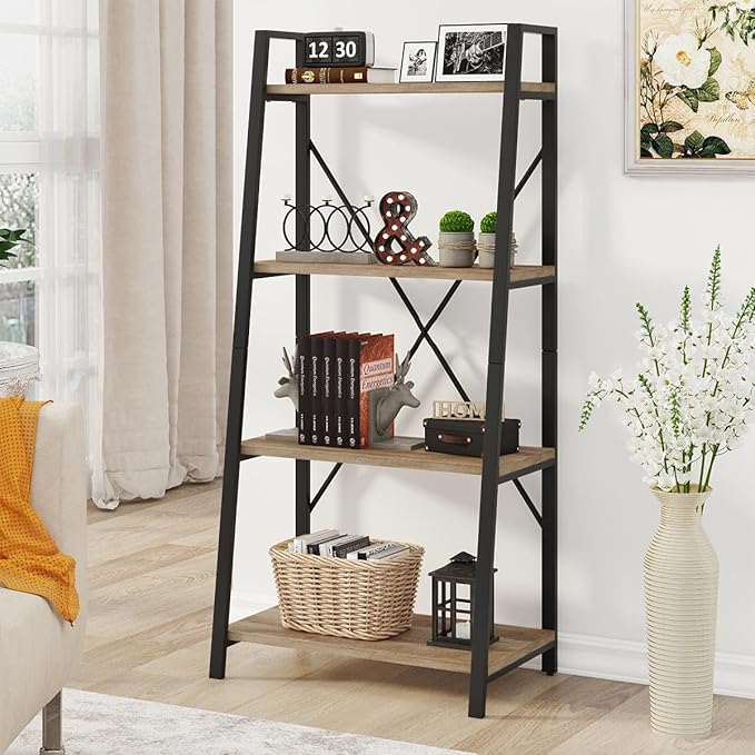 BON AUGURE Farmhouse Ladder Shelf Bookcase, 4 Tier Rustic Ladder Bookshelf, Standing Leaning Book Shelves for Living Room (Vintage Oak) - LeafyLoom