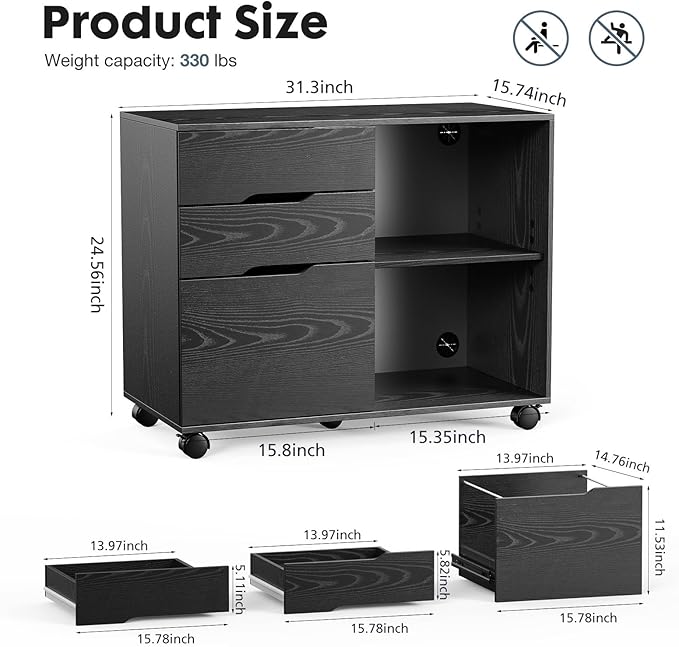 DUMOS Lateral File Cabinet with 3 Drawers Rolling Wooden Printer Stand Under Desk Storage Organizer with 4 Wheels Adjustable Shelf for Office Home, Black - LeafyLoom