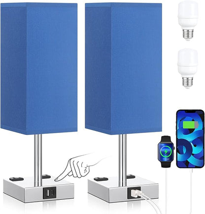 aooshine SW1 Blue Touch Lamp Set of 2 with USB Port Nightstand Lamp with USB-C+A Charge Ports& AC Outlets, 3-Way Dimmable Bedside Lamp, Small Table Lamp for Bedroom Living Room (Bulb Included) - LeafyLoom