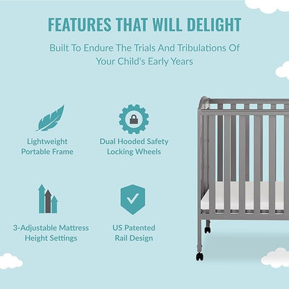 3 in 1 Portable Folding Stationary Side Crib in Steel Grey, Greenguard Gold Certified, Safety Wheels with Locking Casters, Convertible, 3 Mattress Heights - LeafyLoom