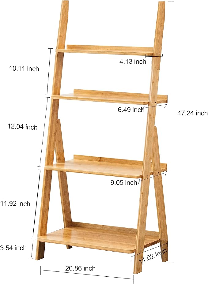 DOUSY- 4-Tier Bamboo Ladder Shelf Ladder Bookshelf Plant & Flower Stand Bookcase, Freestanding Storage Rack Organizer Display Shelf for Living Room, Home Office, Bedroom, Balcony, Natural Wood - LeafyLoom