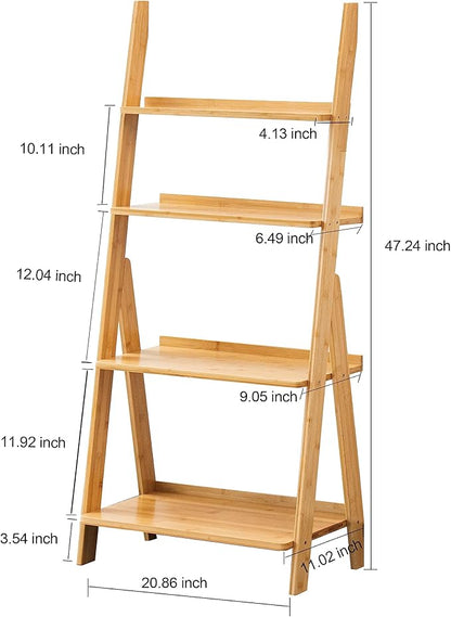 DOUSY- 4-Tier Bamboo Ladder Shelf Ladder Bookshelf Plant & Flower Stand Bookcase, Freestanding Storage Rack Organizer Display Shelf for Living Room, Home Office, Bedroom, Balcony, Natural Wood - LeafyLoom