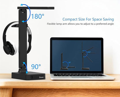 Drevet LED Desk Lamp with Headphone Stand, Desk Light with 1 USB Charging Port and 2 AC Power Outlet, 3 Lighting Modes, 3 Level Brightness,1H Timer, Memory Function, Eye-Caring Gaming Desk Lamp - LeafyLoom