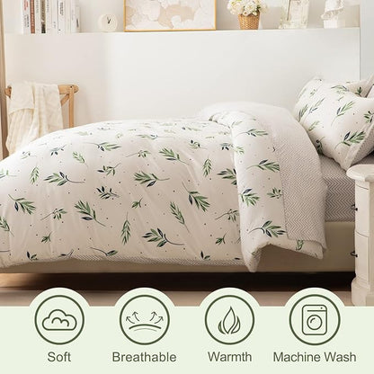 EMME Queen Comforter Set - Sage Green Floral Bedding Set 7 PCS with Nature Leaves Pattern, Soft Leaf Printed Botanical Bed Set with Sheets, Fluffy Bed Bag for All Season(90"X90") - LeafyLoom