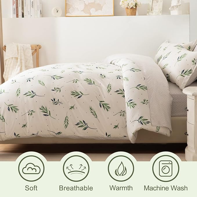 EMME King Comforter Set - Sage Green Floral Bedding Set 7 PCS with Nature Leaves Pattern, Soft Leaf Printed Botanical Bed Set with Sheets, Fluffy Bed Bag for All Season(102"X90") - LeafyLoom