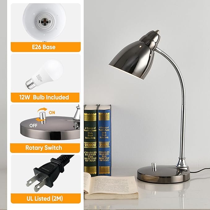 Desk Lamp for Home Office, 40W (Max) E26 LED Vintage Table Lamp with 12W Color Changing Bulb Flexible Desk Light with Rotary Switch for Study Room Bedroom Bedside Reading Working, Black Chrome - LeafyLoom