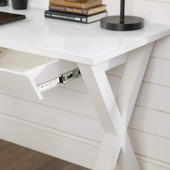 Walker Edison Lawrence Urban Industrial X Leg Glass Top Computer Desk, 48 Inch, White - LeafyLoom