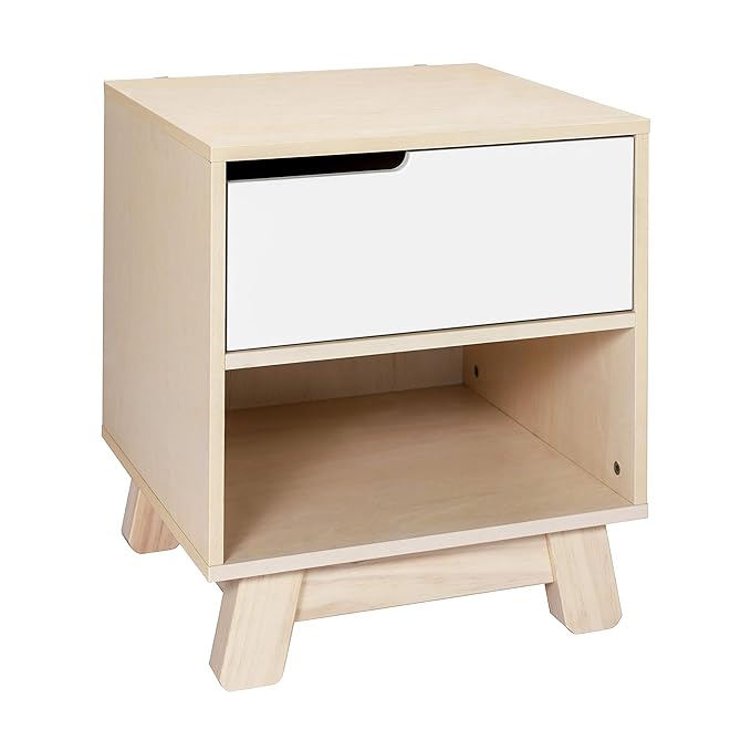 Babyletto Hudson Nightstand with USB Port in Washed Natural and White, 1 Drawer and Storage Cubby - LeafyLoom