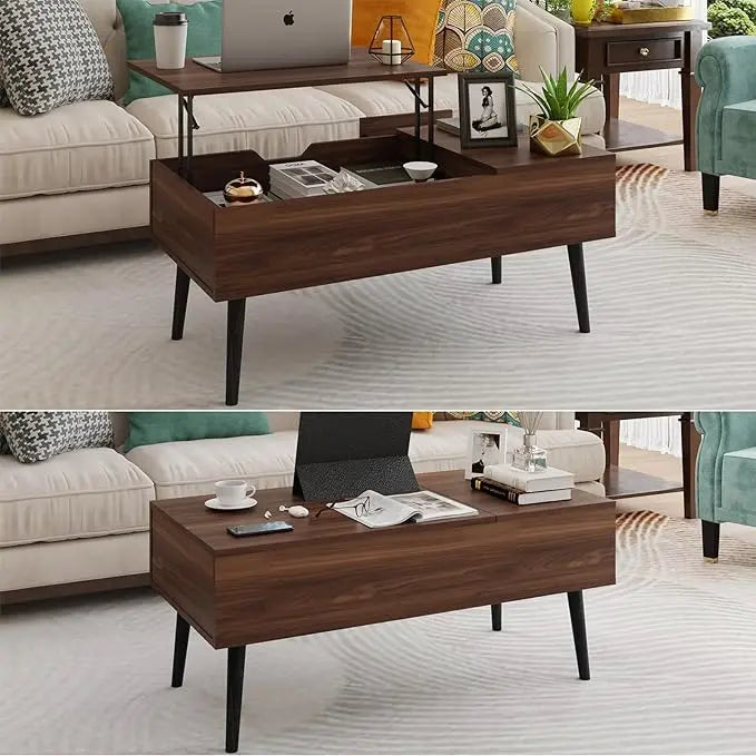 HAIOOU Lift Top Coffee Table, Mid Century Modern Coffee Tables with Drawer for Living Room, Open Storage Shelf, Walnut Cocktail Table TV Stand with Stable Pine Leg Anti-Scratching, Home, Office - LeafyLoom