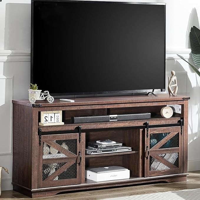 Zanzio 66" Farmhouse TV Stand for up to 75 inch TVs, Rustic Entertainment Center Media Console Table with Sliding Barn Doors Living Room Bedroom Wooden TV Cabinet (Distressed Brown) - LeafyLoom