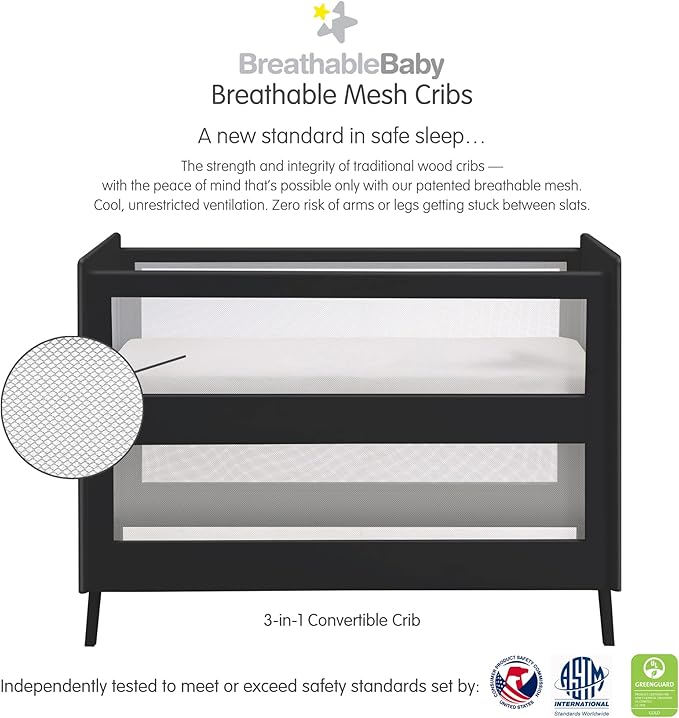 BreathableBaby Breathable Mesh 3-in-1 Convertible Crib (Toddler Bed Kit Sold Separately) — Black — Two Adjustable Mattress Heights — Greenguard Gold Certified - LeafyLoom