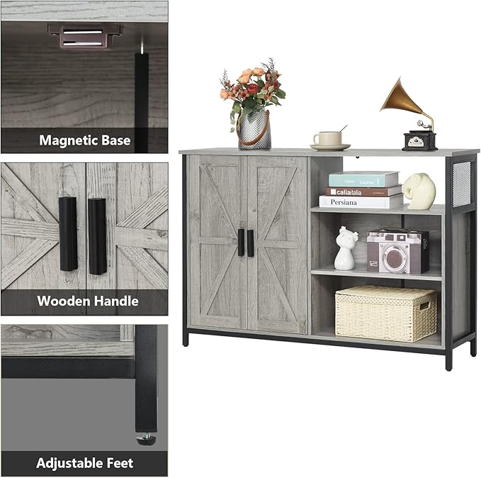 WEENFON Floor Storage Cabinet, Buffet Storage Cabinet with 2 Barn Doors, Industrial Sideboard with Adjustable Shelves, Buffet Table for Dining Room, Living Room, Kitchen, Grey - LeafyLoom