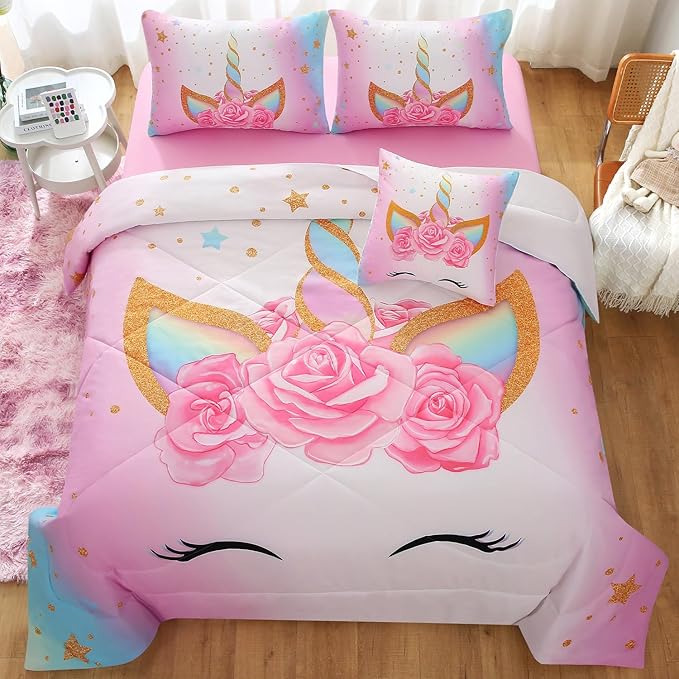 JQinHome Unicorn Twin Bedding Sets for Girls Kids,6 Piece Bed in A Bag 3D Colorful Flower Girl Unicorn Comforter Set with Sheet Set - LeafyLoom