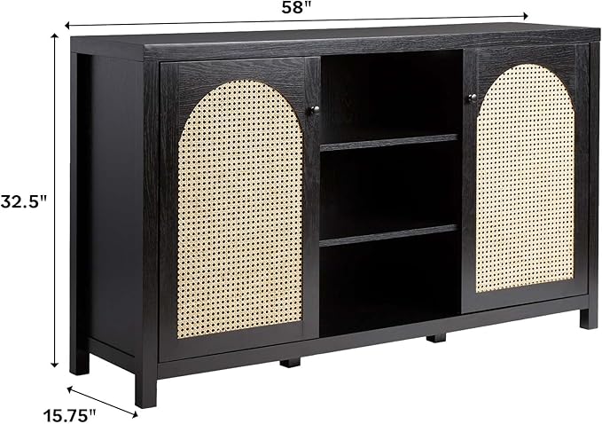 Walker Edison Boho Arched Rattan 2-Door Sideboard, 58 Inch, Black - LeafyLoom