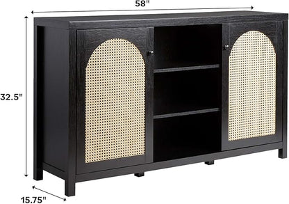 Walker Edison Boho Arched Rattan 2-Door Sideboard, 58 Inch, Black - LeafyLoom