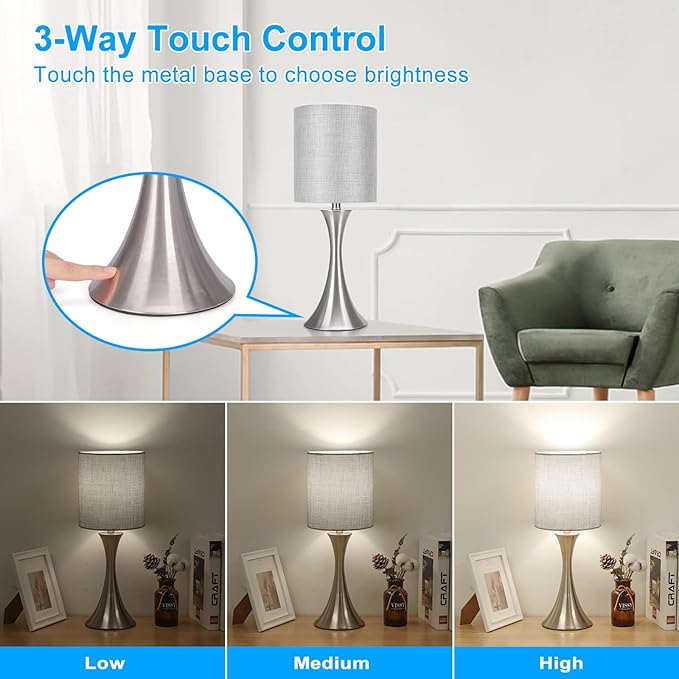 3 Way Touch Control Table Lamp, Dimmable Bedside Desk Lamp with Metal Base Modern Nightstand Lamp Stylish Grey Shade Simple Side Table Lamp for Bedroom, Living Room, Office or Den LED Bulb Included - LeafyLoom