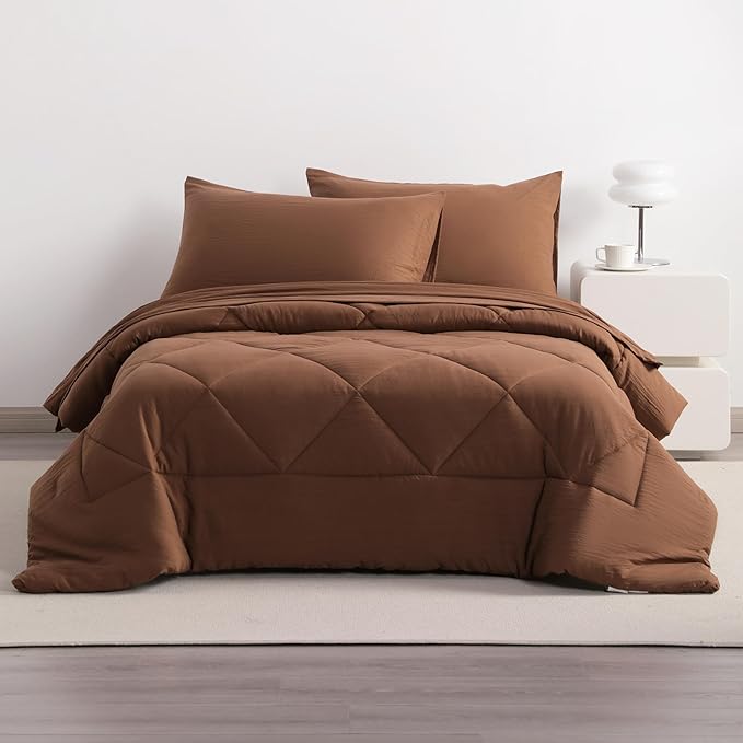 NTBAY Twin Comforter Set with Sheets, 5 Pieces Soft and Breathable Twin Bedding Set, Twin Bed in a Bag, Down Alternative Comforter Set Solid Color All Season, Kids Bedding Set, Brown - LeafyLoom