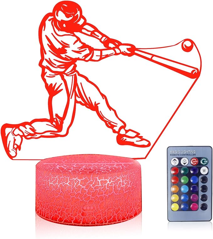 Teenager christmas gifts xmas gift 3D Illusion Playing Baseball Night Light Lamp 16 Color Change Touch White Crack Base remote control Birthday Present Boys Girls Baseball lover - LeafyLoom