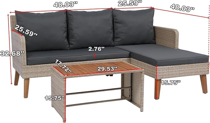 3-Piece Outdoor PE Rattan Furniture Set, Patio Wicker Conversation Loveseat Sofa Sectional Couch with Thick Cushion for Backyard, Deck, Poolside, Zn-Dark Grey - LeafyLoom