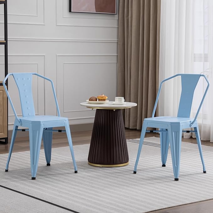 Modern Dining Chair Set of 4, Stackable Metal Chairs, Waterproof Counter Bar Chairs with High Backrest, Quick Assembly Cafe Chairs, Tolix Style for Home, Kitchen and Bar Use, Blue - LeafyLoom