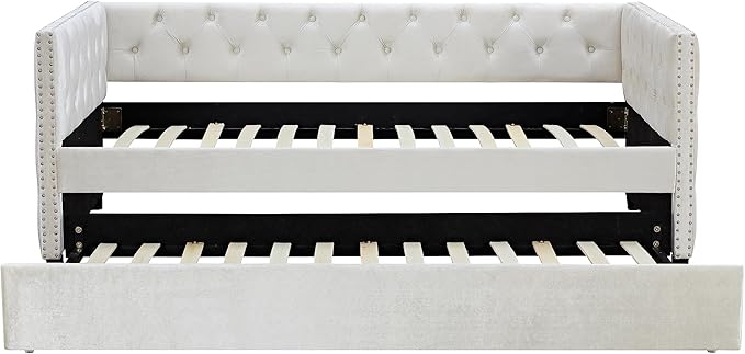 Velvet Upholstered Twin Size Daybed with Twin Trundle, Solid Wooden Sofa Bed Frame w/Button Tufted Backrest, No Box Spring Needed, for Bedroom, Living, Guest Room - LeafyLoom