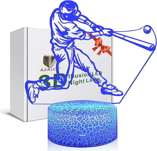 Teenager christmas gifts xmas gift 3D Illusion Playing Baseball Night Light Lamp 16 Color Change Touch White Crack Base remote control Birthday Present Boys Girls Baseball lover - LeafyLoom