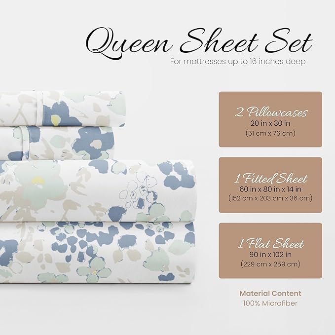 Linen Market 4 Piece Queen Bedding Sheet Set (Light Blue Violets) - Sleep Better Than Ever with These Ultra-Soft & Cooling Bed Sheets for Your Queen Size Bed - Deep Pocket Fits 16" Mattress - LeafyLoom