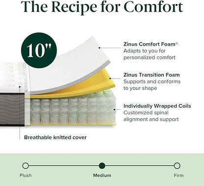 ZINUS 10 Inch True Support Hybrid Mattress [New Version], Full, Fiberglass free, Medium Feel, Motion Isolation, Certified Safe Foams & Fabric, Mattress in A Box - LeafyLoom