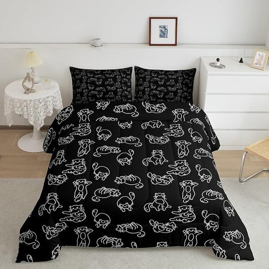 Feelyou Cartoon Cat Bed Sheet Set Cute Pet Cats Kids Comforter Set Animal Pattern Printed Bedding Set Set for Boys Room Decor Kitten Print Bed Cover Queen Size with 3 Pillow Case - LeafyLoom