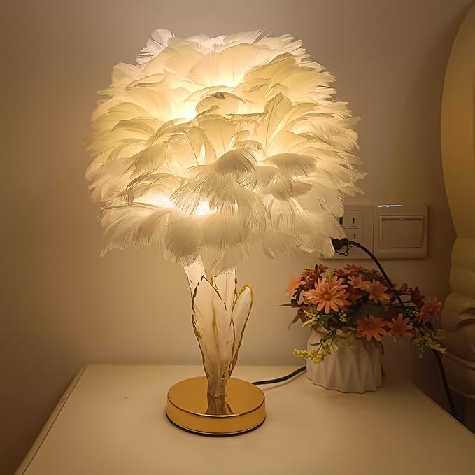 ZYLEIESENBAO Feather Desk Lamp Creative Girls Bedroom Decoration Lamp Modern White Feather Table Bedside Lamp Cute 12'' for Living Room Wedding Childrens Room - LeafyLoom