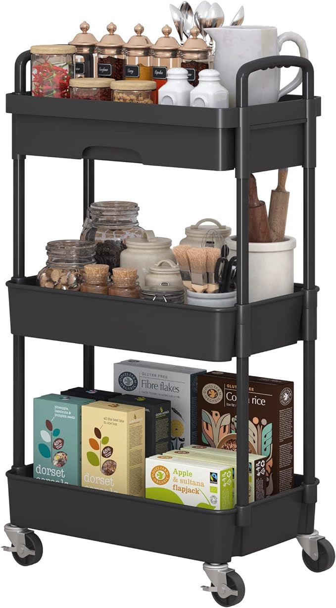 3-Tier Rolling Cart，Trolley with Drawer, Multifunctional Storage Organizer with Plastic Shelf & Metal Wheels, Kitchen Storage Cart for Living Room, Kitchen, Office, Bathroom, Black - LeafyLoom