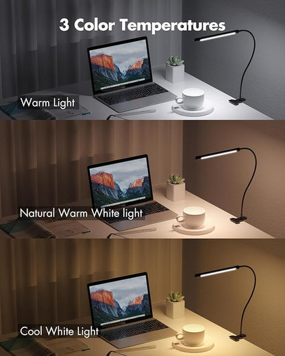 JHD LED Desk Lamp with Clamp - Adjustable 3 Modes, 10 Brightness Levels, USB Eye Caring Flexible Gooseneck Desk Light, Perfect for Home Office, Dorm Room, Bed Headboard,Nail, Clip On Light, Black - LeafyLoom