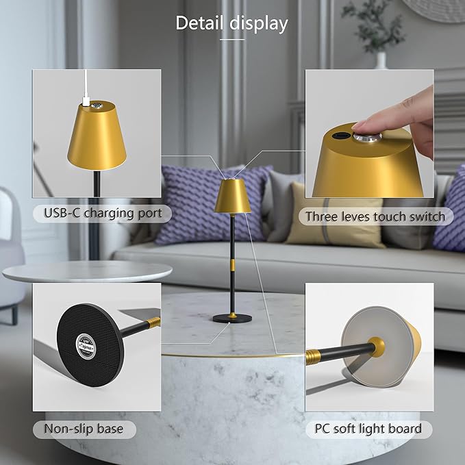 Modern LED CordlessTable Lamp,4000mAh Rechargeable Battery Desk lamp,3 Level Brightness Kitchen Light, Portable,Minimalist Design, for Couple Dinner/Coffee Table/Restaurant/Bedroom(Gold&Black 2pack) - LeafyLoom