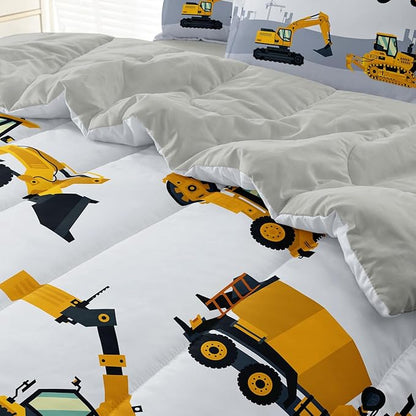 4-Pcs Construction Twin Size Boys Bedding Set, Kids Comforter Set for Teens with Sheets and Pillowcase, Soft Grey Tractor Cars Bed in a Bag Sets - LeafyLoom