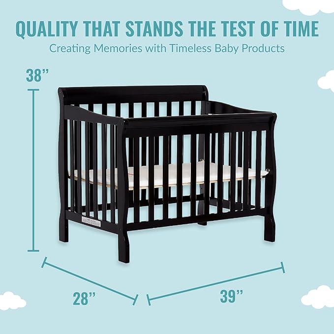 Aden 4-in-1 Convertible Mini Crib In Black, Greenguard Gold Certified, Non-Toxic Finish, New Zealand Pinewood, With 3 Mattress Height Settings - LeafyLoom