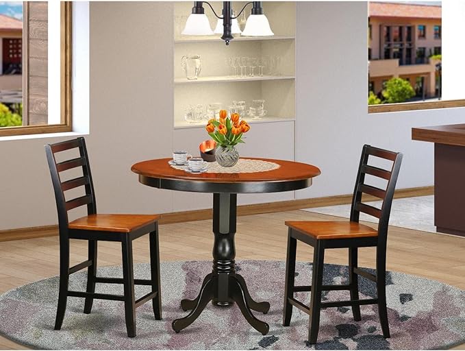 East West Furniture Trenton 3 Piece Counter Height Set for Small Spaces Contains a Round Dining Room Table and 2 Wooden Seat Chairs, 42x42 Inch, Black & Cherry - LeafyLoom