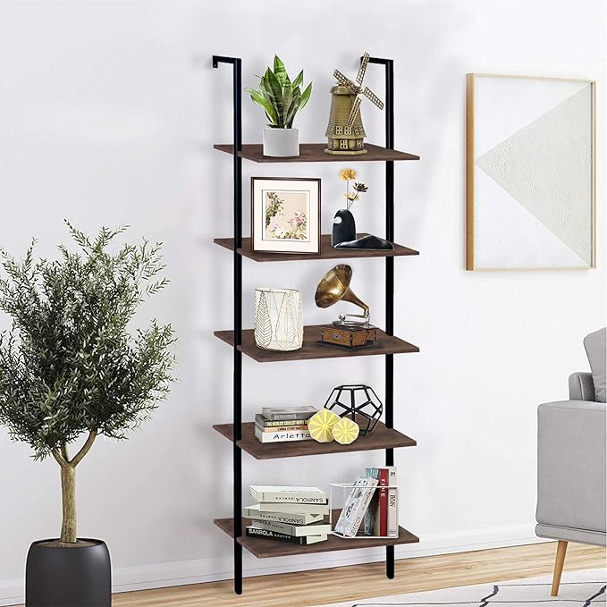 aboxoo Ladder Shelf Open Bookshelf 5-tier Wood Wall-mounted Bookcase Storage Rack Open back Industrial Modern Plant Flower Stand Utility Organizer Bookcase Metal Frame Furniture Office Kitchen Bedroom - LeafyLoom