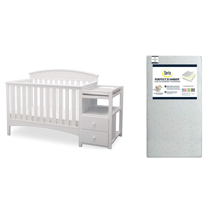 Delta Children Abby Convertible Crib 'N' Changer, Bianca + Serta Perfect Slumber Dual Sided Recycled Fiber Core Crib and Toddler Mattress (Bundle) - LeafyLoom