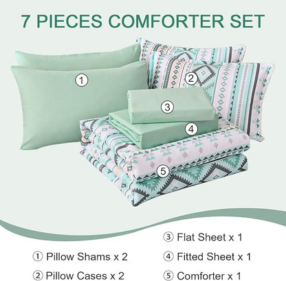 Dinjoy Sage Green Boho Comforter Set Queen Size,7 Pieces Bed in a Bag Queen Light Green Aztec Bedding Sets with Sheets Bohemian Geometric Striped Complete Set for All Seasons 90"x90" - LeafyLoom